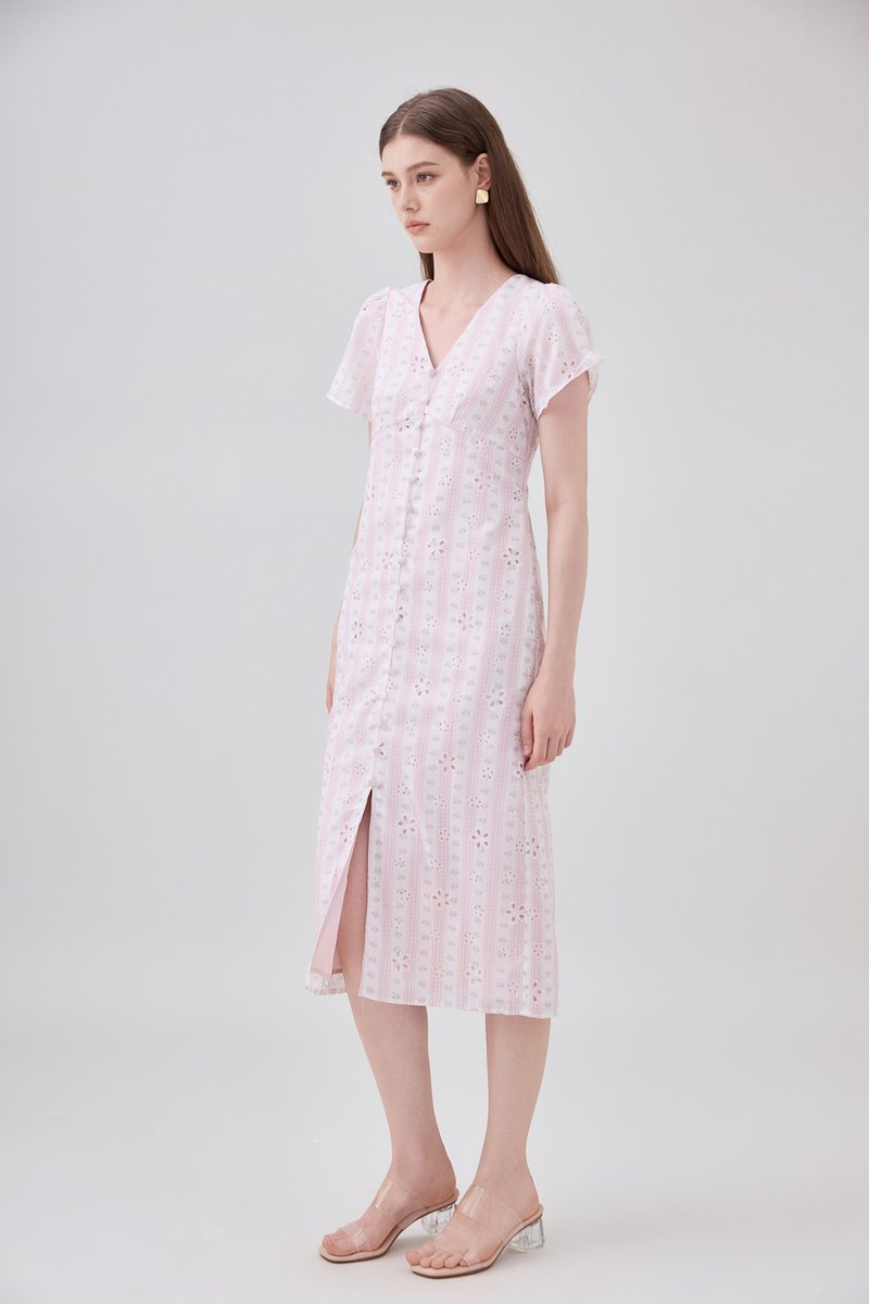 Elouise Eyelet Floral Button Midi Dress In Pink