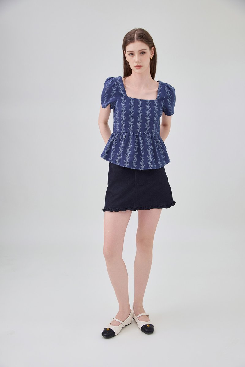 Celina Floral Vine Babydoll Top In Navy