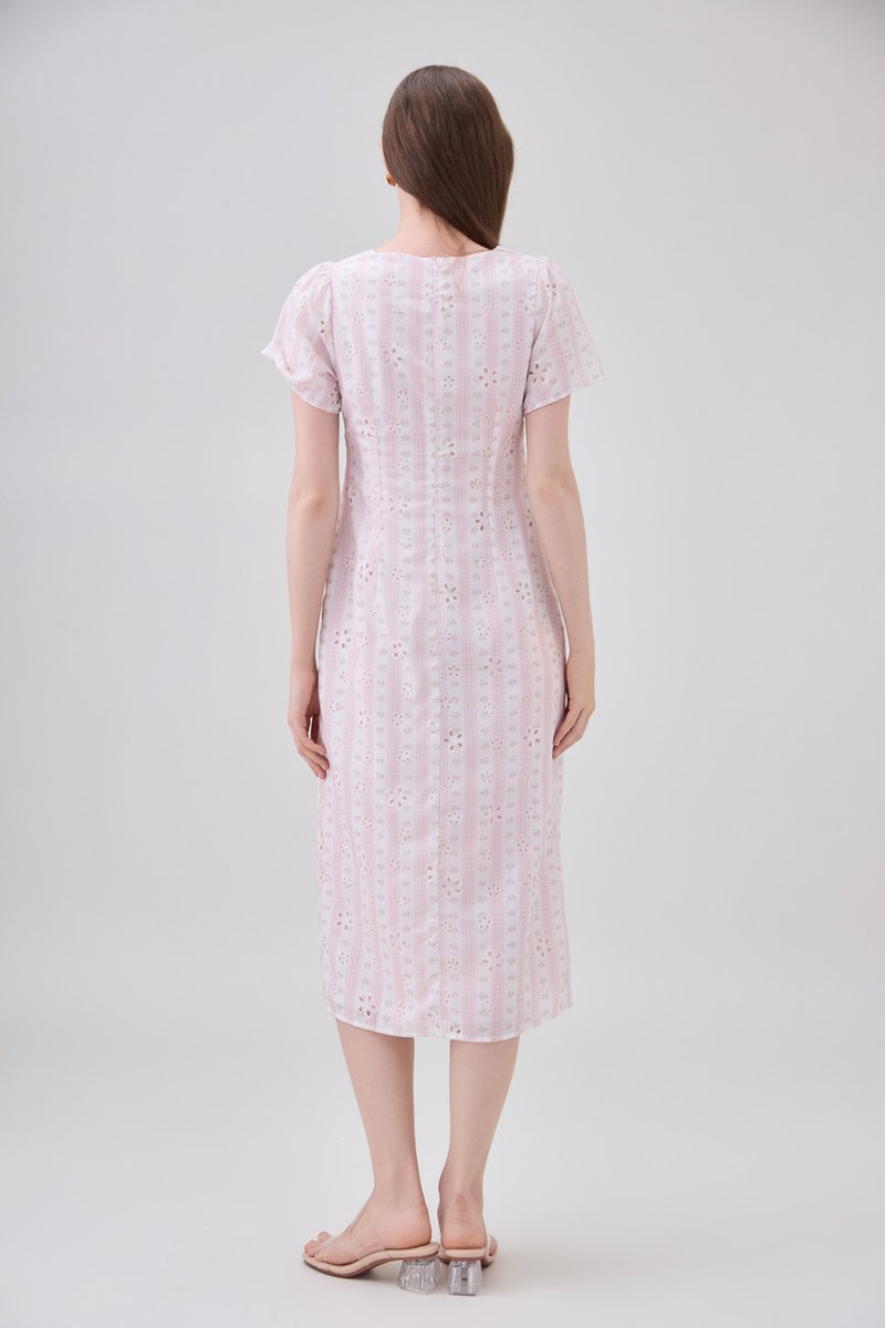 Elouise Eyelet Floral Button Midi Dress In Pink