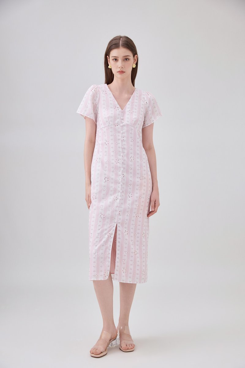 Elouise Eyelet Floral Button Midi Dress In Pink