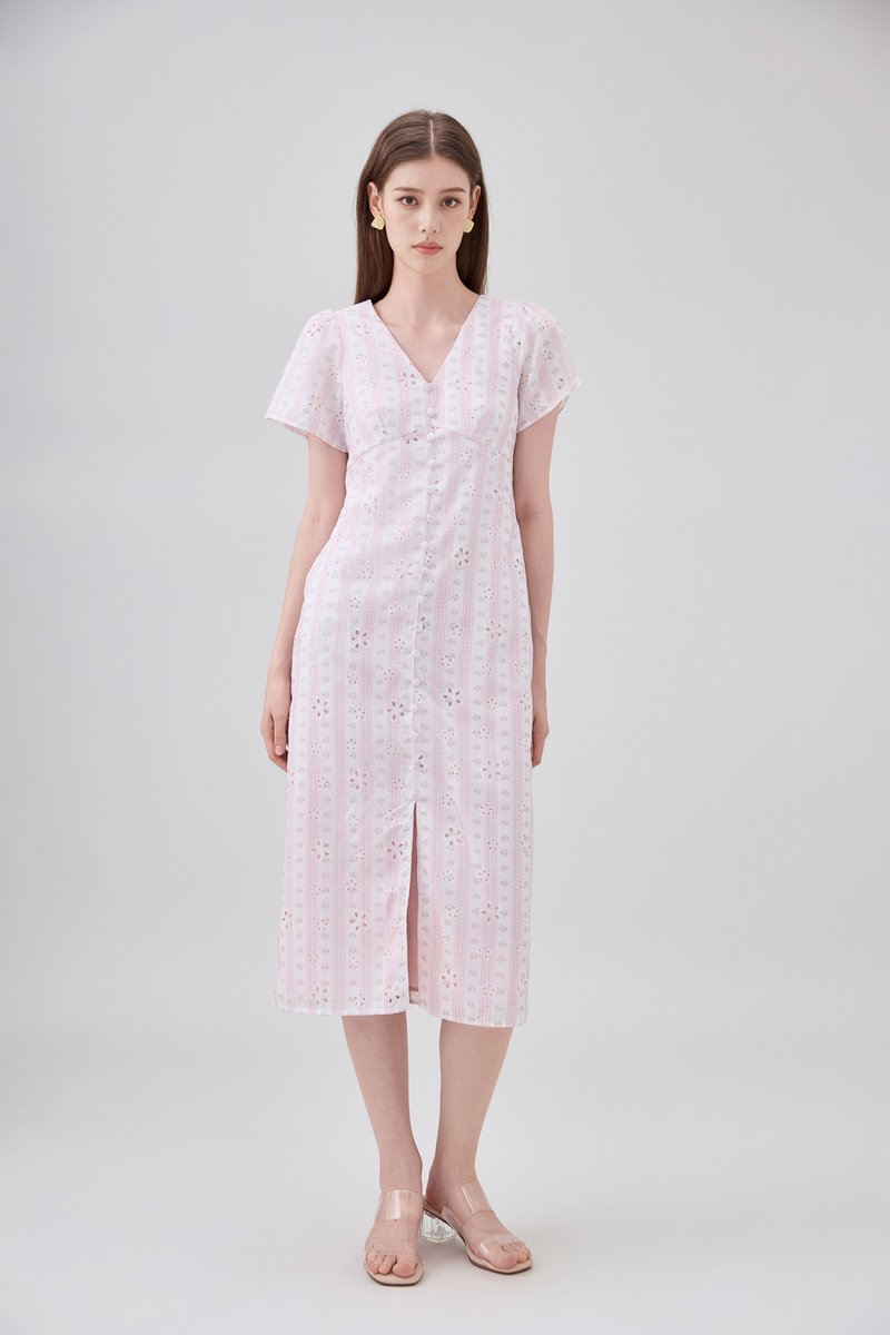 Elouise Eyelet Floral Button Midi Dress In Pink