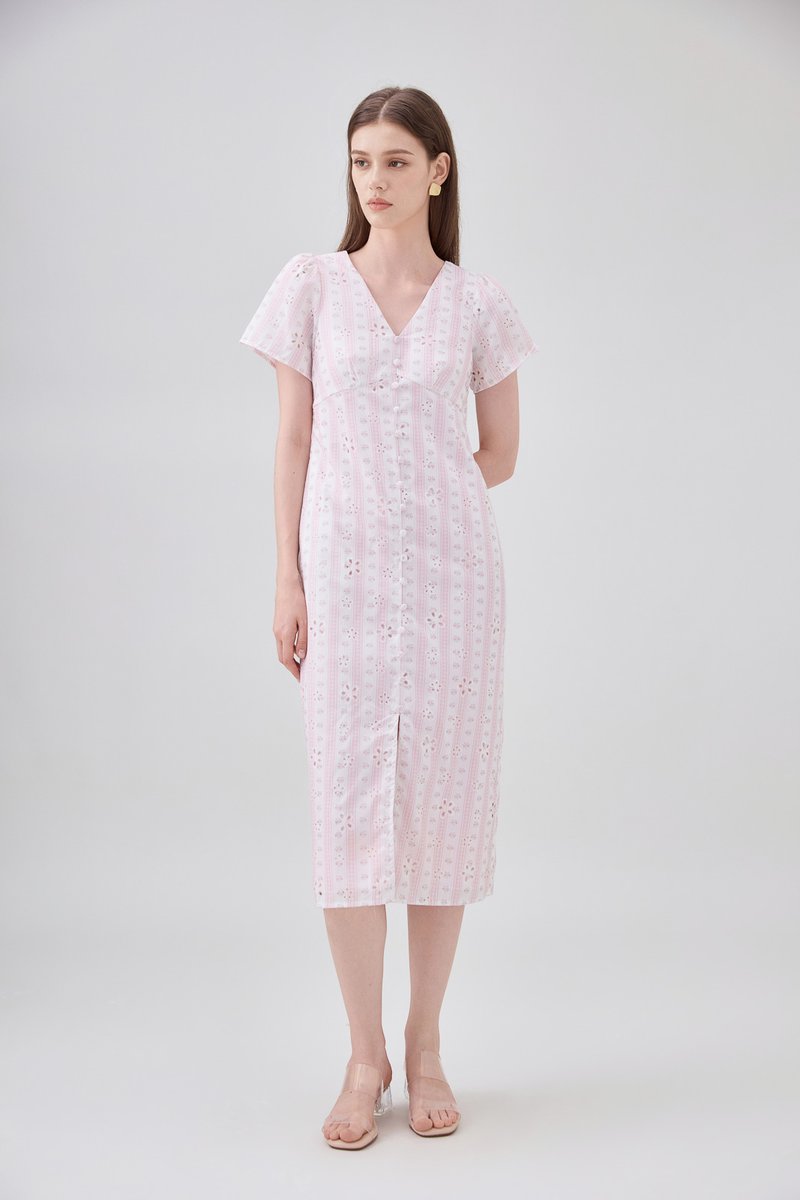 Elouise Eyelet Floral Button Midi Dress In Pink