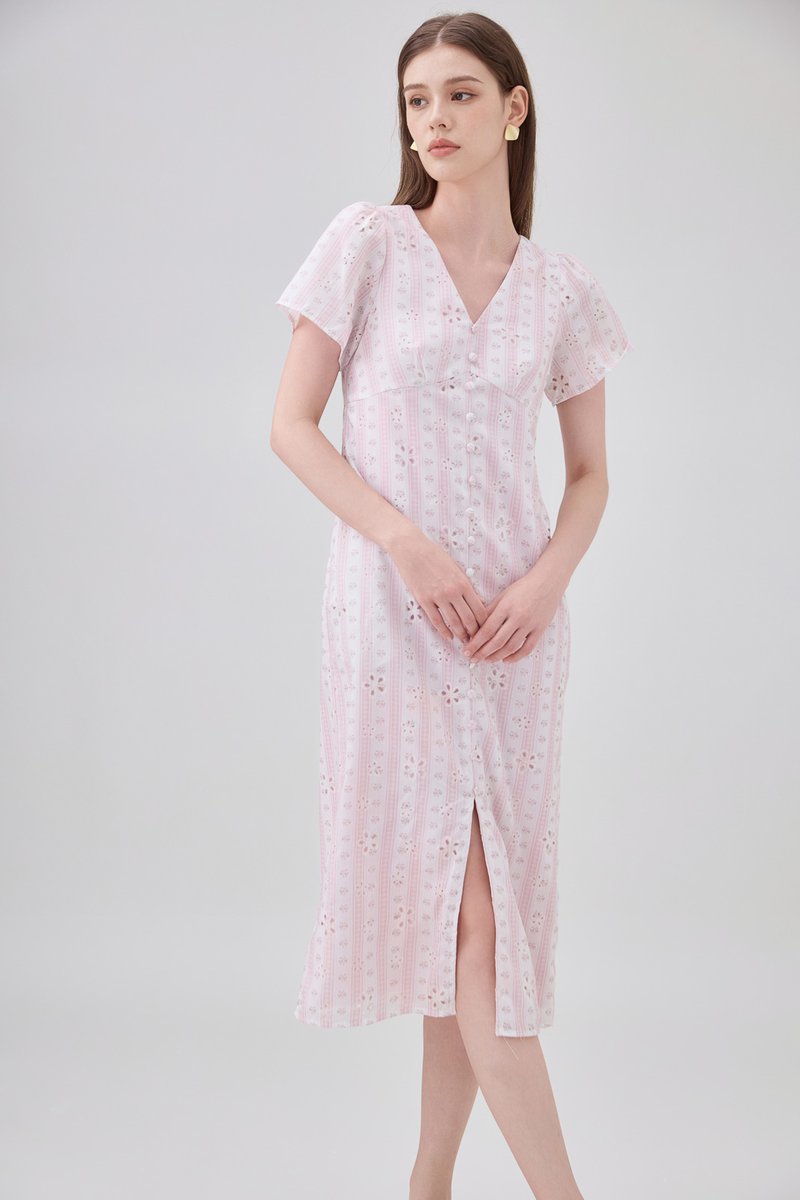 Elouise Eyelet Floral Button Midi Dress In Pink