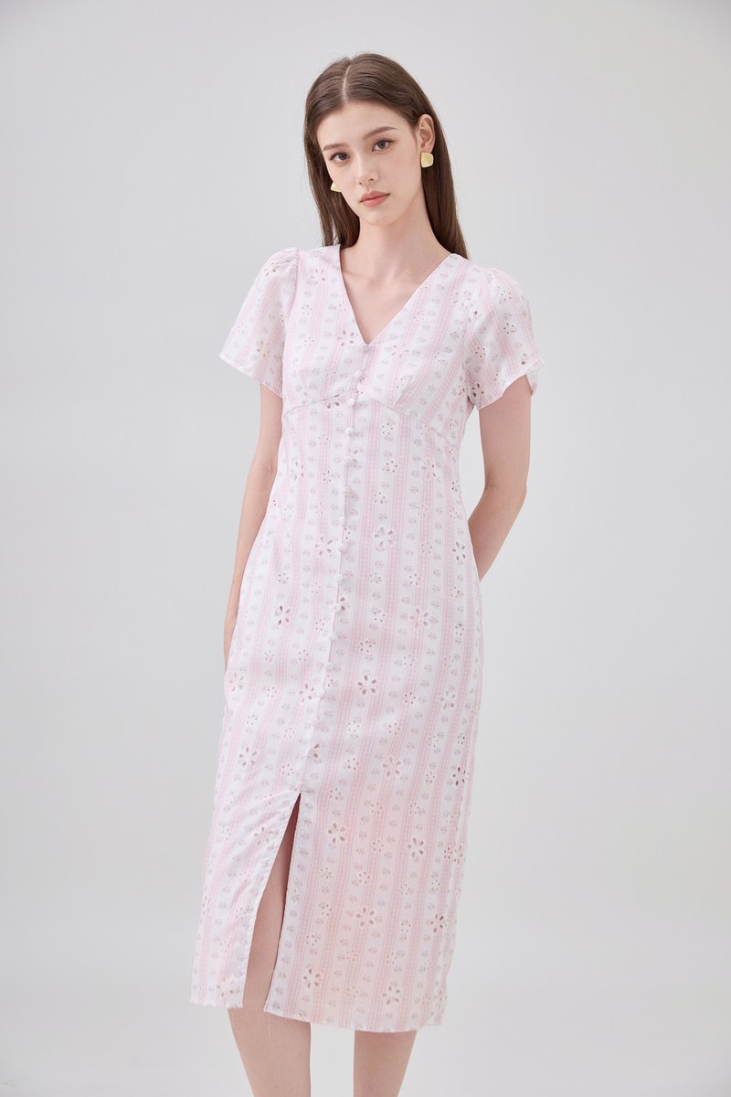 Elouise Eyelet Floral Button Midi Dress In Pink