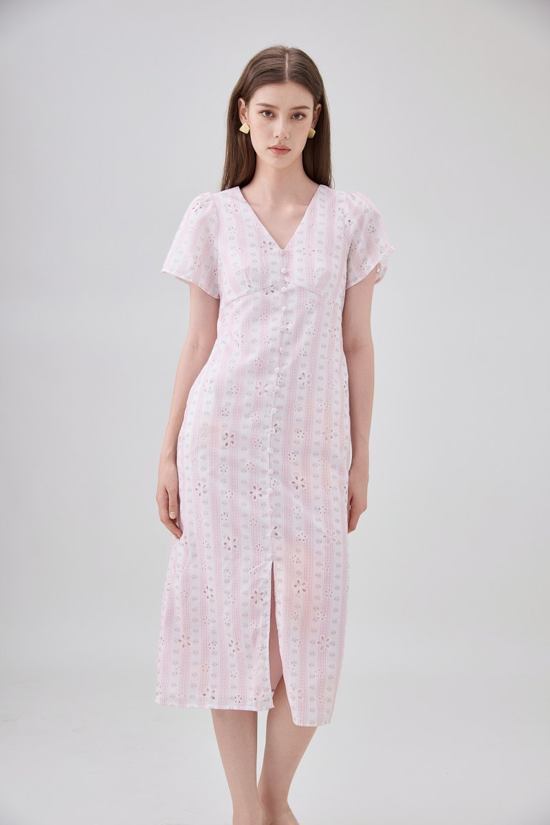Elouise Eyelet Floral Button Midi Dress In Pink