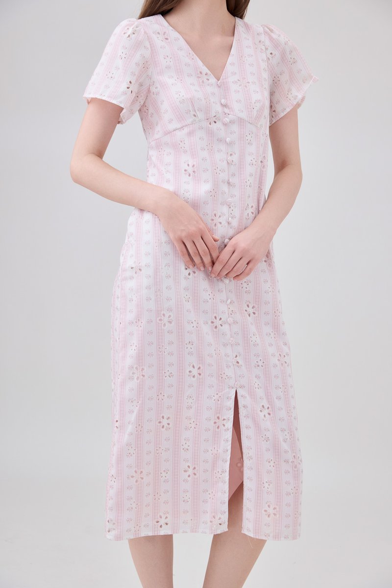 Elouise Eyelet Floral Button Midi Dress In Pink