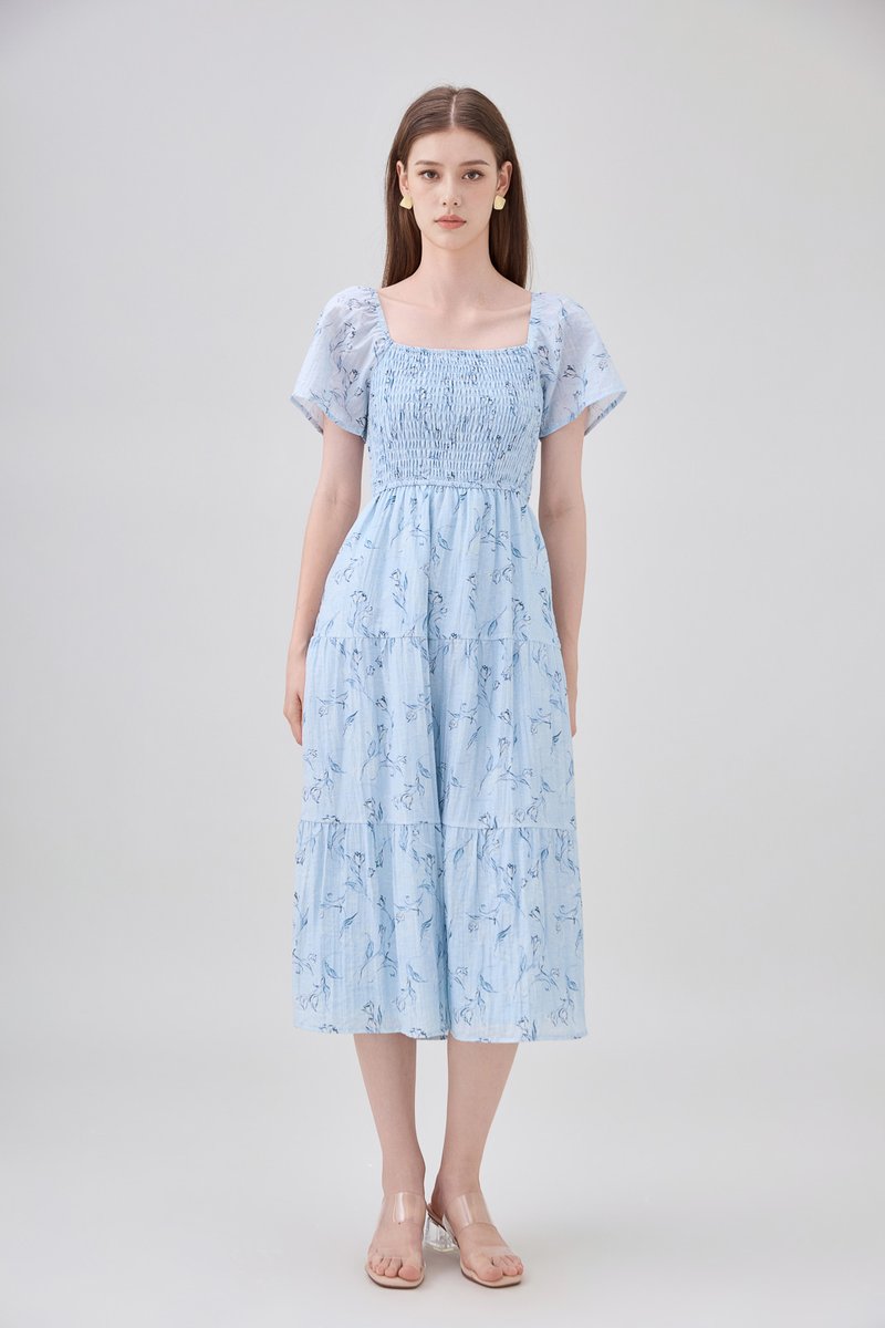 Emi Smocked Floral Midi Tier Dress In Powder Blue