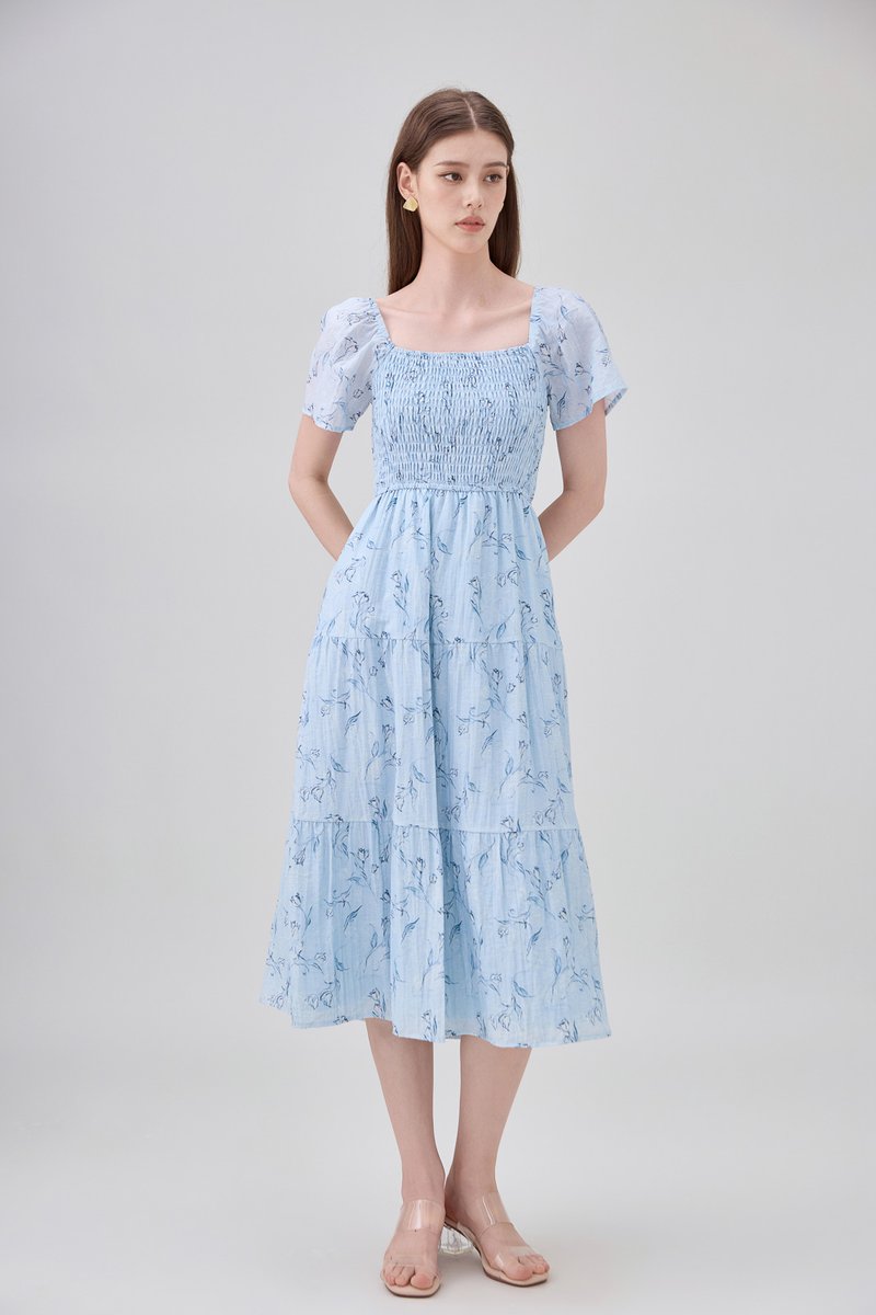 Emi Smocked Floral Midi Tier Dress In Powder Blue