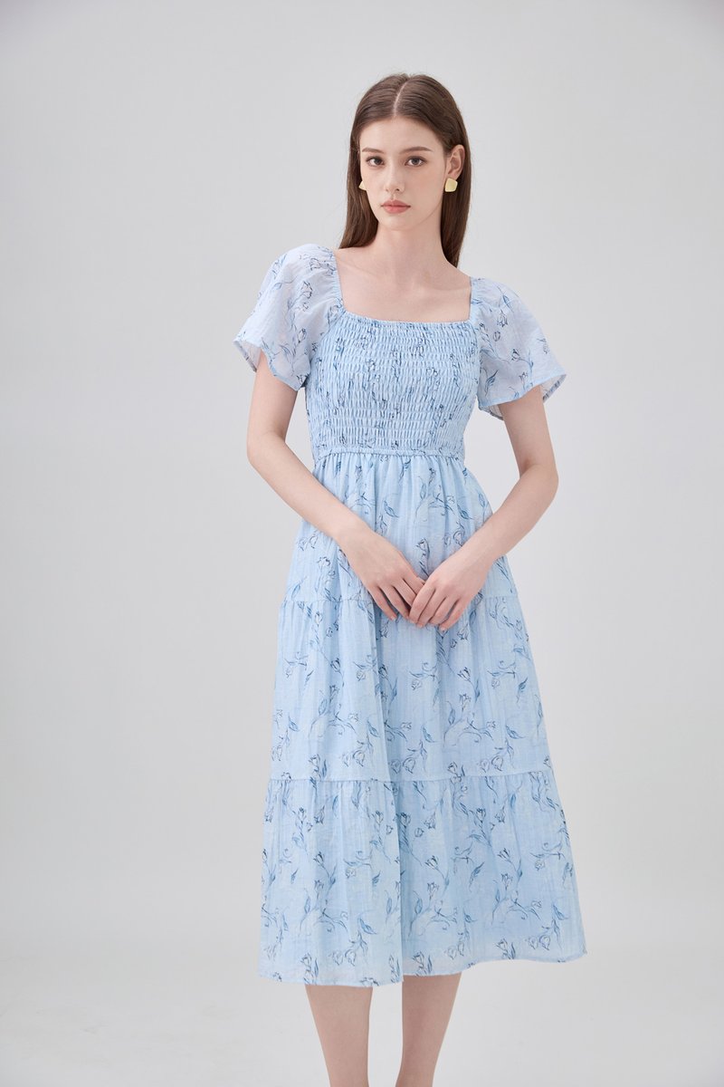 Emi Smocked Floral Midi Tier Dress In Powder Blue