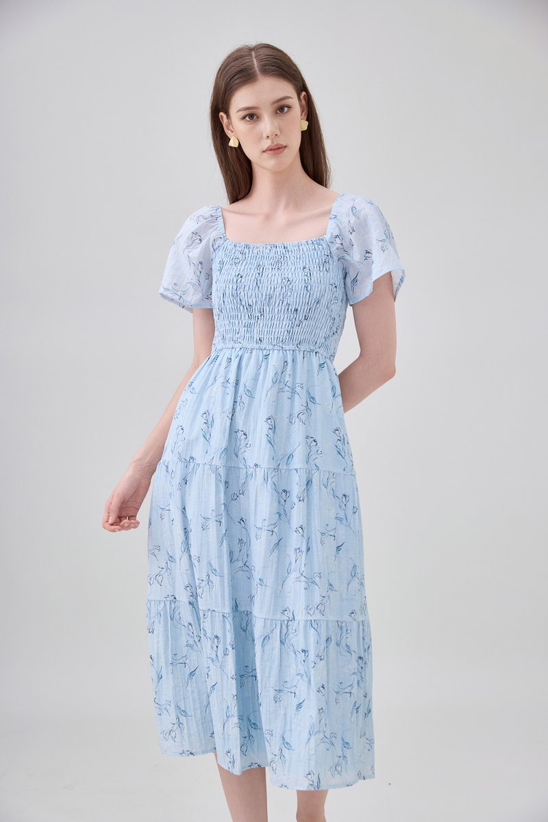 Emi Smocked Floral Midi Tier Dress In Powder Blue
