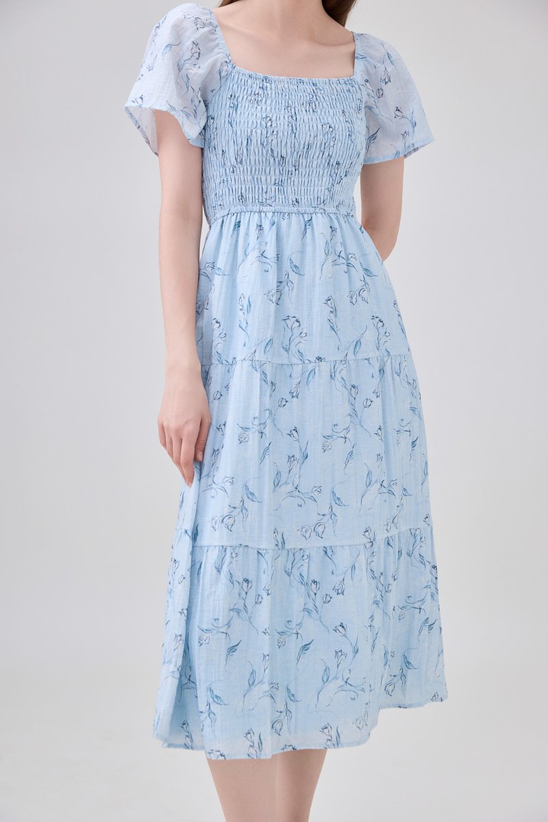 Emi Smocked Floral Midi Tier Dress In Powder Blue