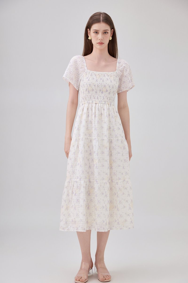 Jimena Smocked Floral Tiered Midi Dress In Lilac