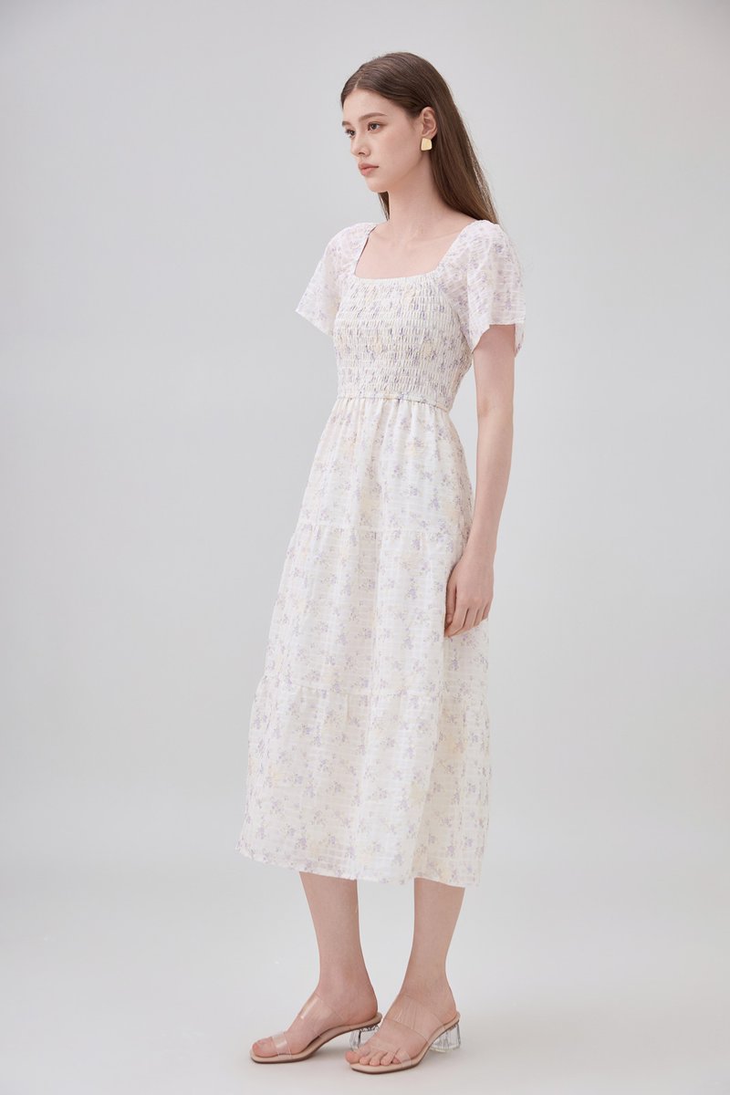 Jimena Smocked Floral Tiered Midi Dress In Lilac