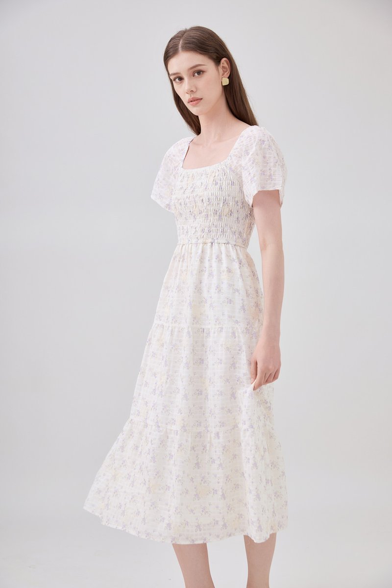 Jimena Smocked Floral Tiered Midi Dress In Lilac