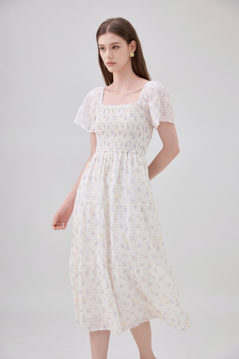 Jimena Smocked Floral Tiered Midi Dress In Lilac