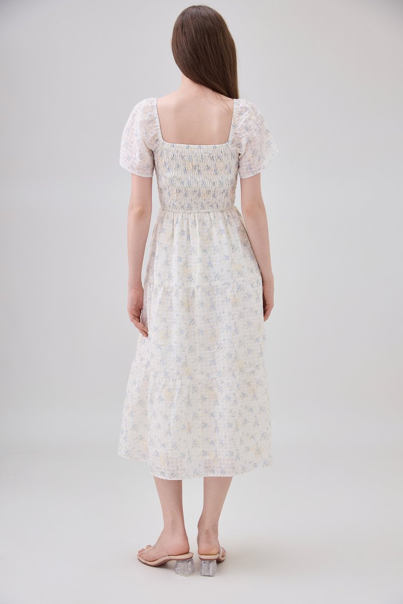 Jimena Smocked Floral Tiered Midi Dress In Blue