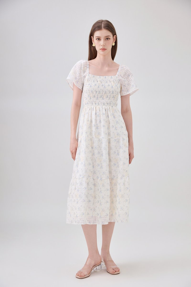 Jimena Smocked Floral Tiered Midi Dress In Blue