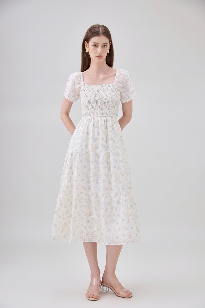 Jimena Smocked Floral Tiered Midi Dress In Blue