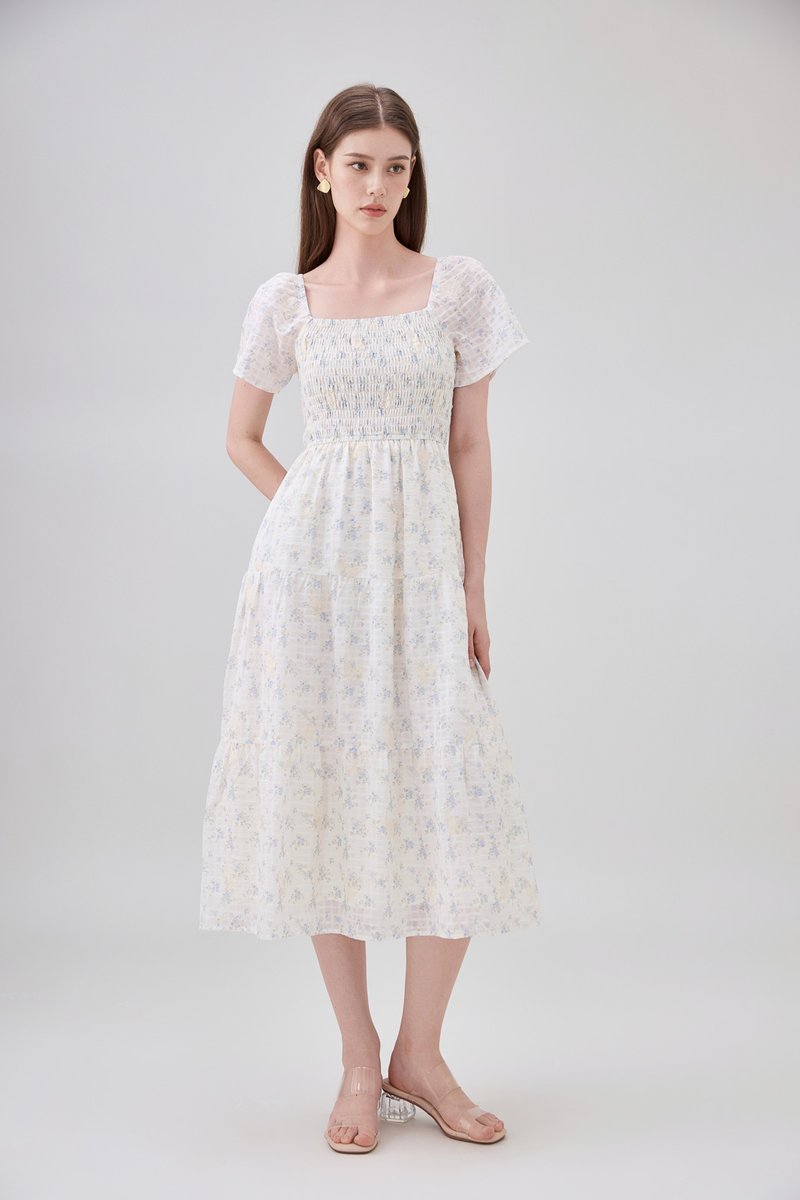Jimena Smocked Floral Tiered Midi Dress In Blue