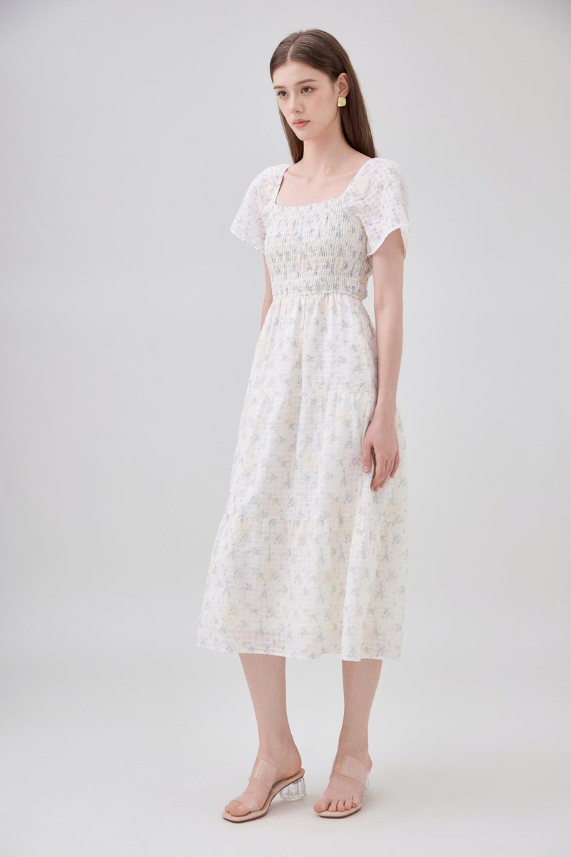 Jimena Smocked Floral Tiered Midi Dress In Blue