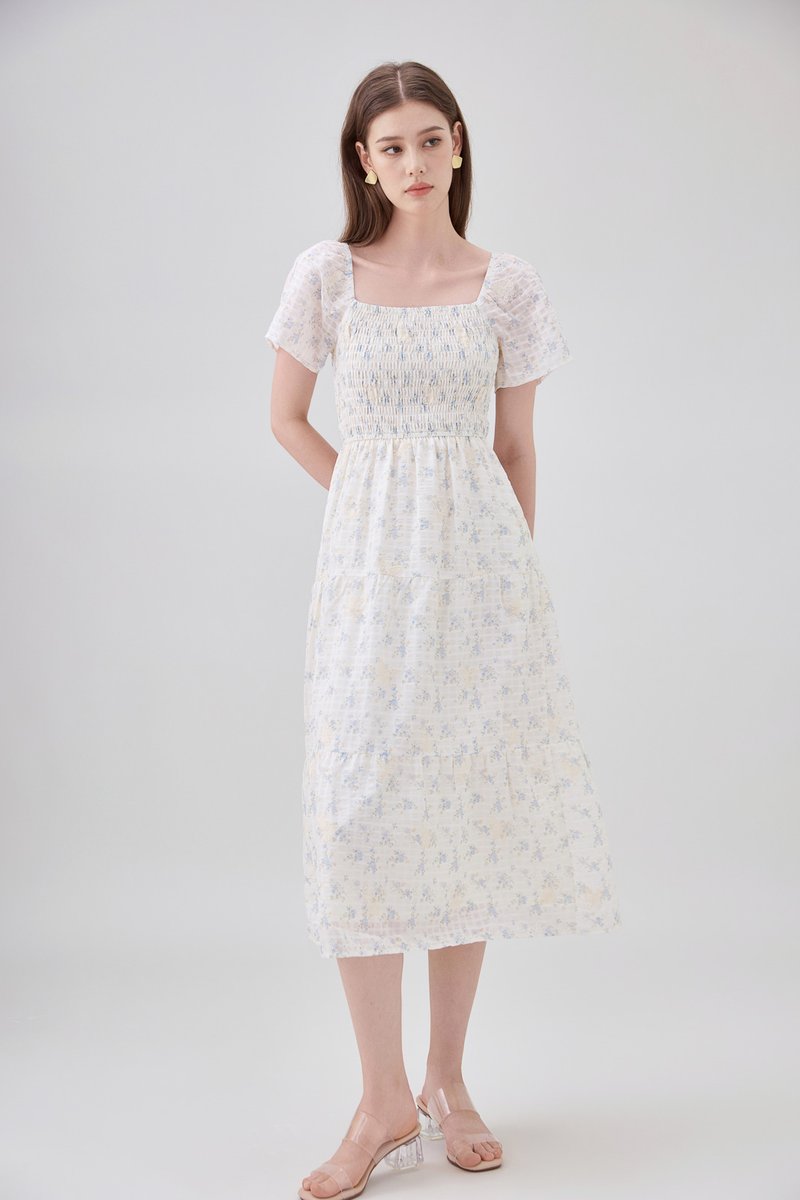 Jimena Smocked Floral Tiered Midi Dress In Blue