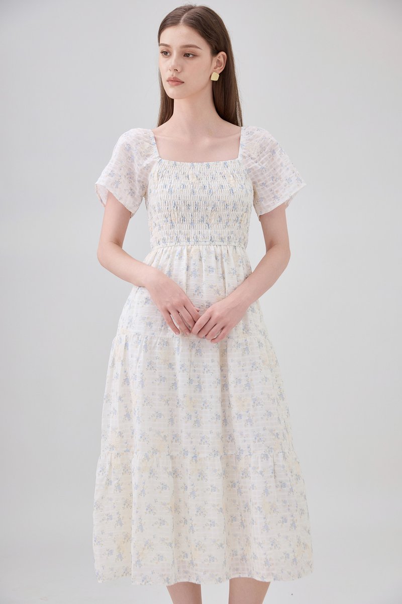 Jimena Smocked Floral Tiered Midi Dress In Blue