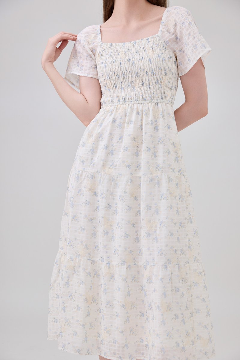 Jimena Smocked Floral Tiered Midi Dress In Blue