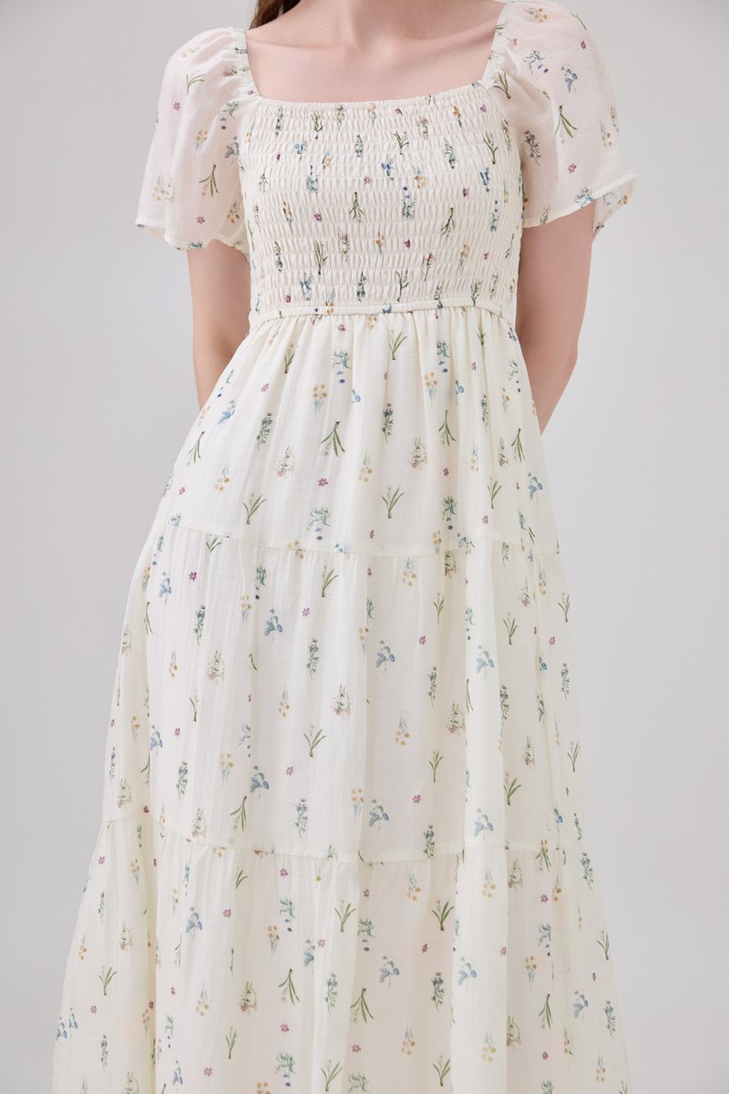 Emi Smocked Floral Midi Tier Dress In Cream