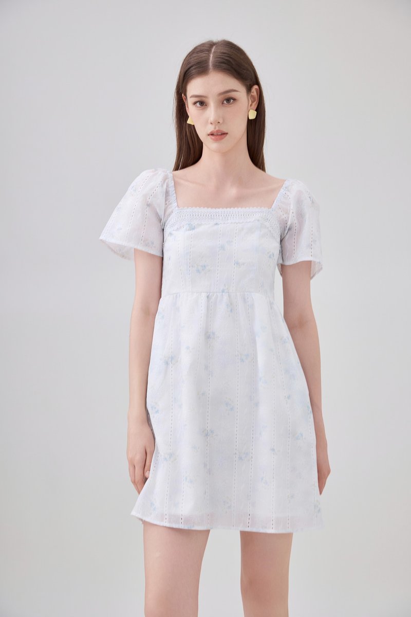 Siena Embroidered Fleur Crochet Dress In Ice Blue