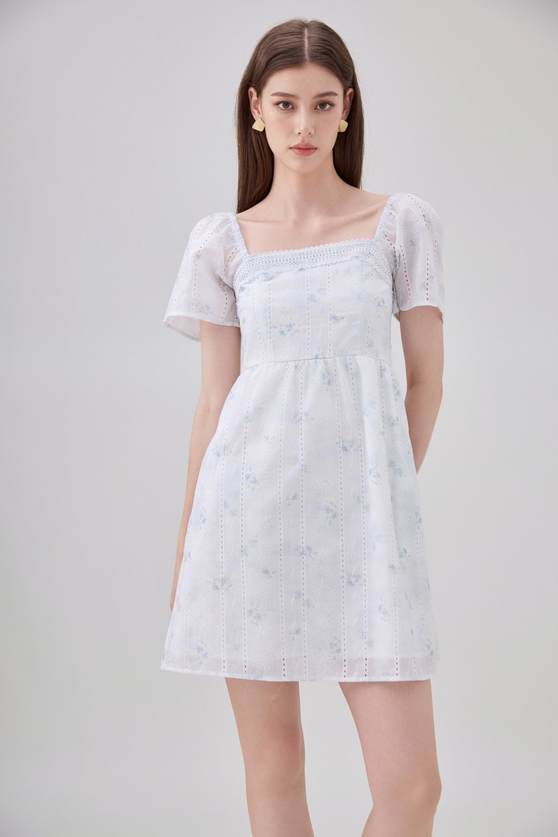 Siena Embroidered Fleur Crochet Dress In Ice Blue