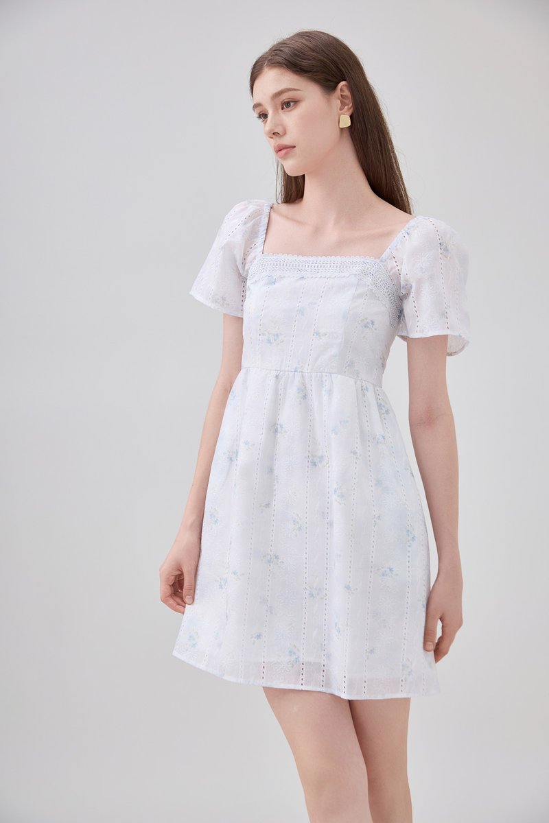Siena Embroidered Fleur Crochet Dress In Ice Blue