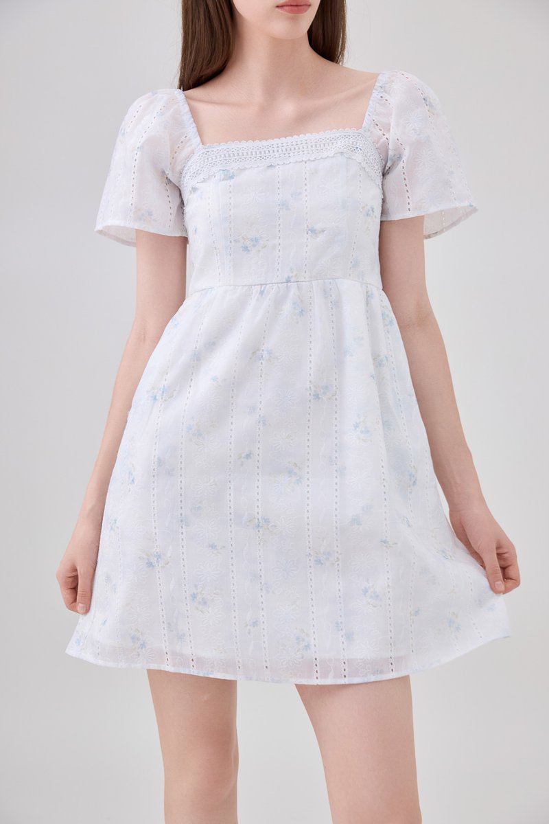 Siena Embroidered Fleur Crochet Dress In Ice Blue