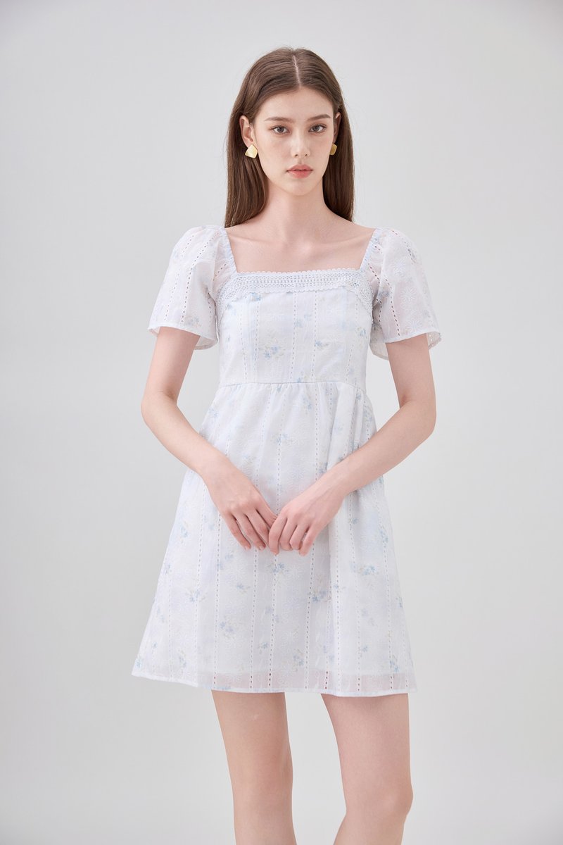 Siena Embroidered Fleur Crochet Dress In Ice Blue