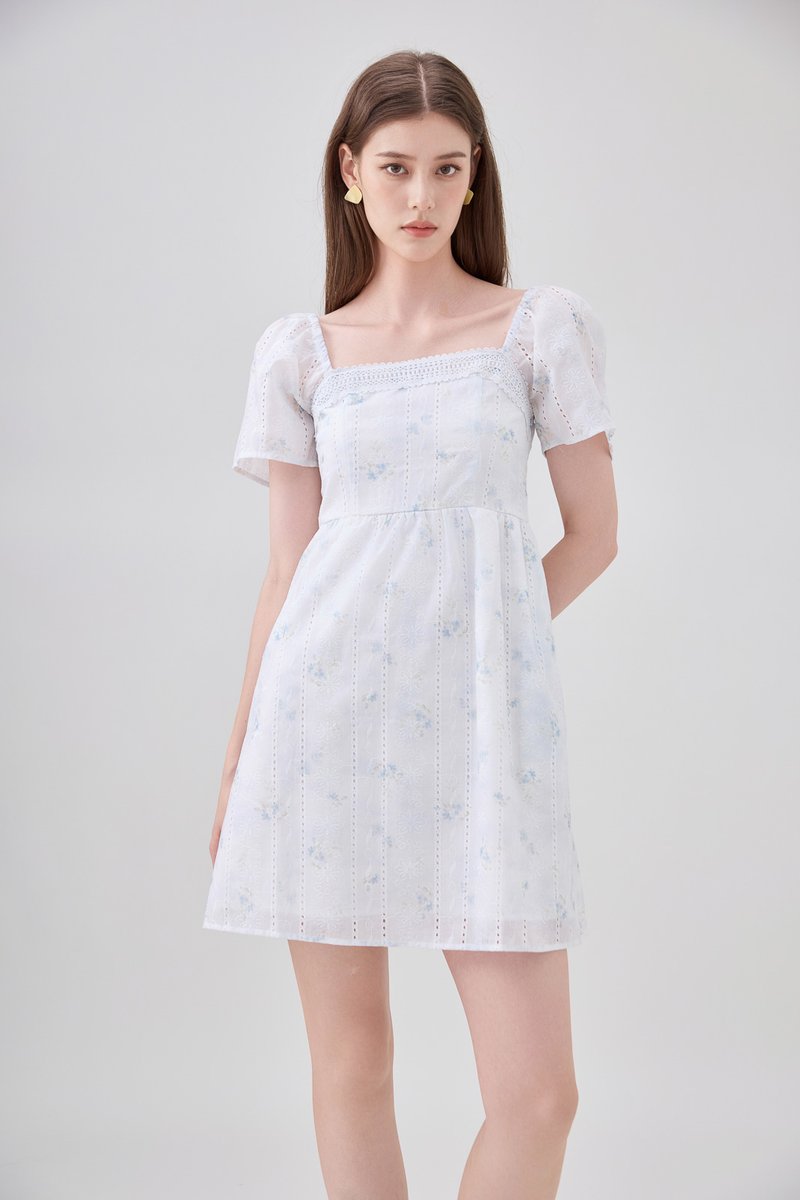 Siena Embroidered Fleur Crochet Dress In Ice Blue