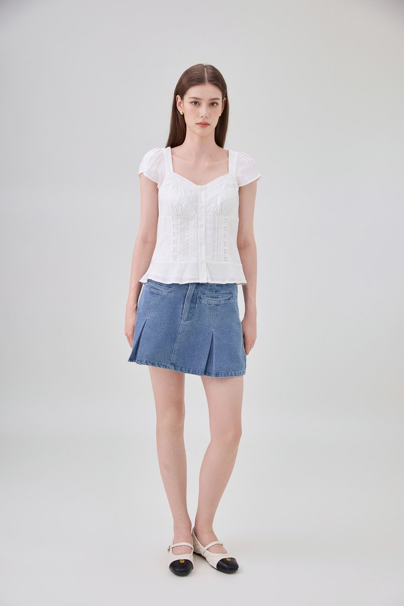 Thalia Lace Pintuck Button Top In White