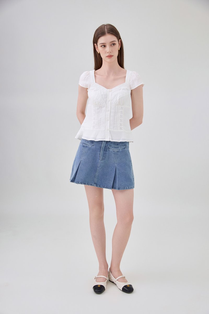 Thalia Lace Pintuck Button Top In White