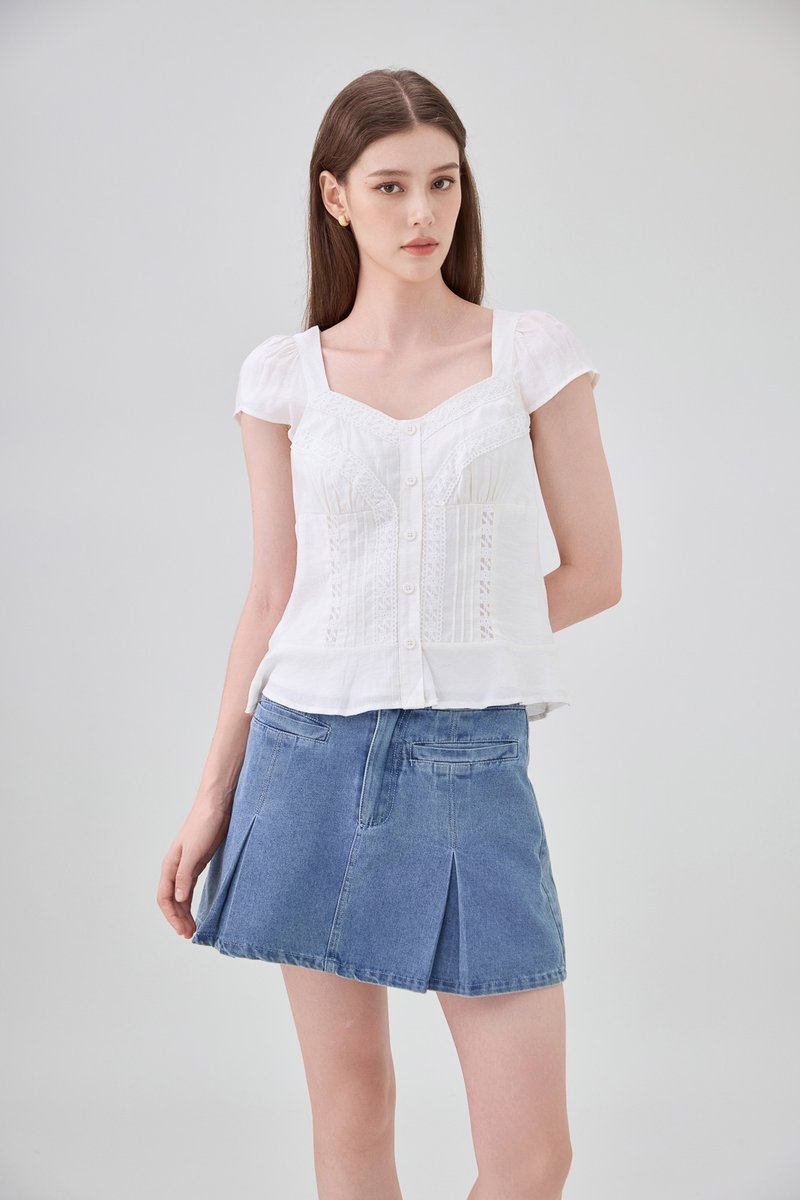 Thalia Lace Pintuck Button Top In White