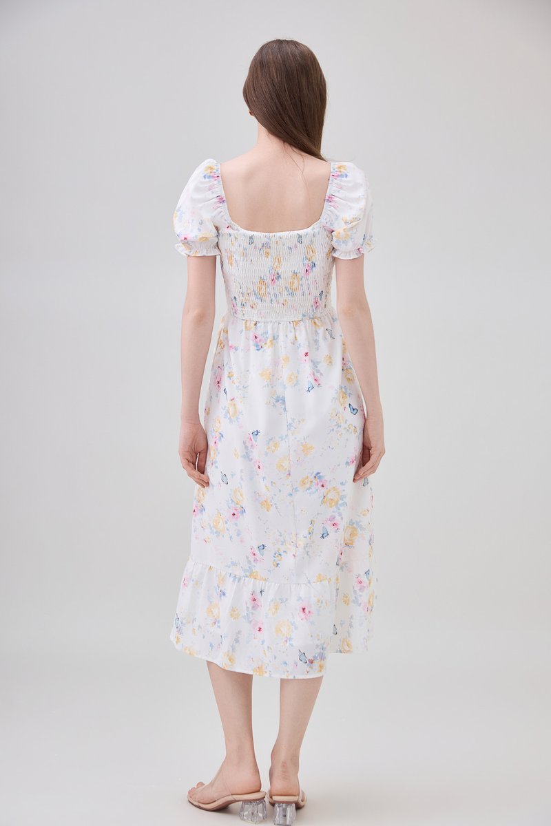Oakleigh Smocked Ruffled Floral Midi Dress In Watercolour Floral