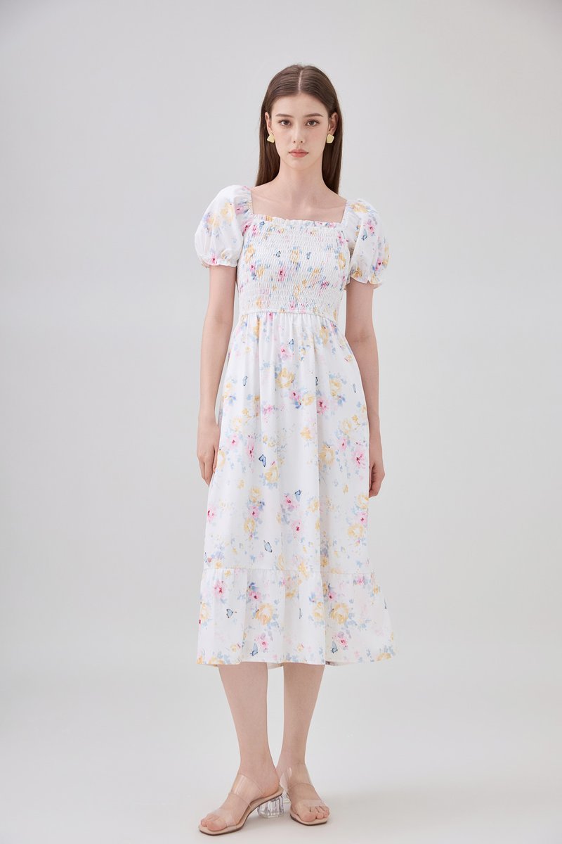 Oakleigh Smocked Ruffled Floral Midi Dress In Watercolour Floral