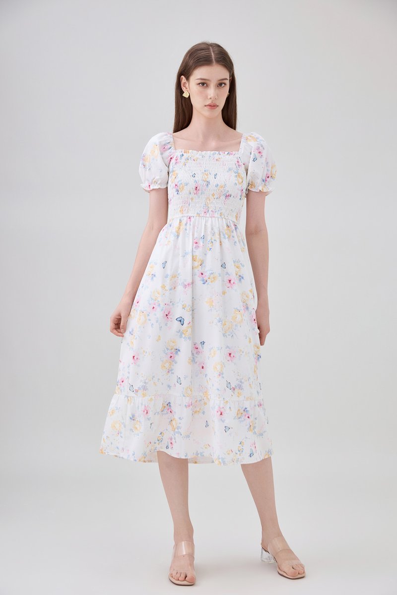 Oakleigh Smocked Ruffled Floral Midi Dress In Watercolour Floral