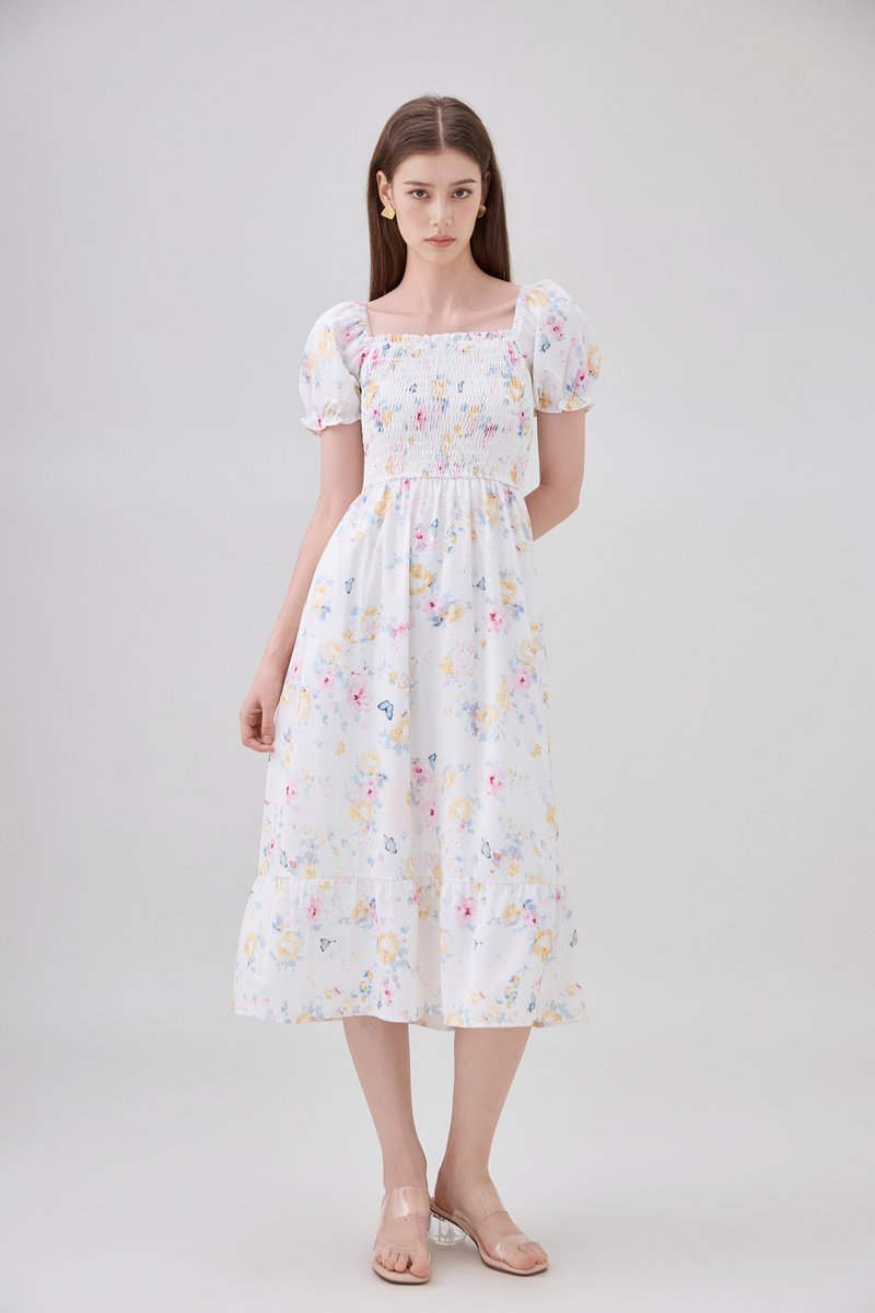 Oakleigh Smocked Ruffled Floral Midi Dress In Watercolour Floral