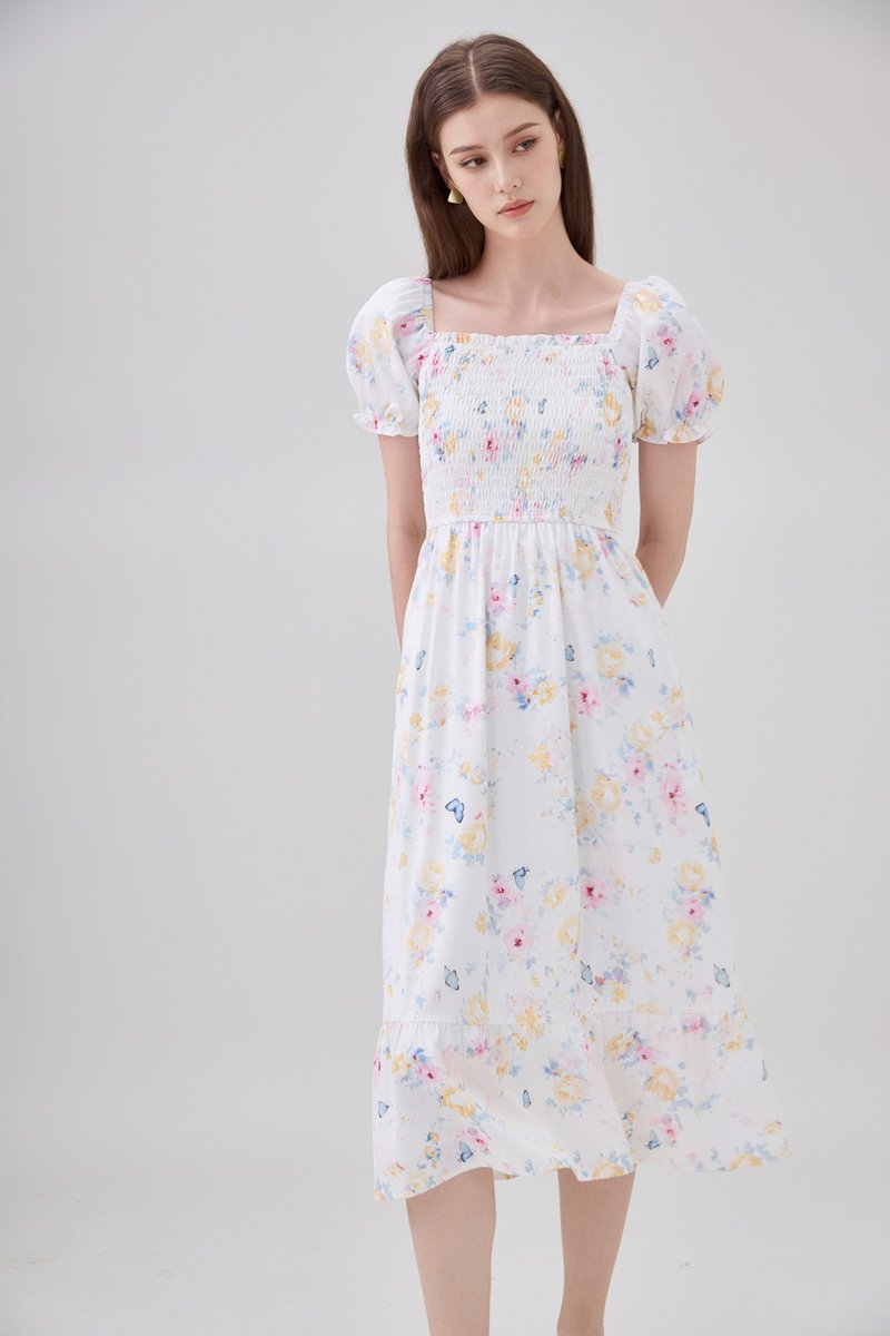 Oakleigh Smocked Ruffled Floral Midi Dress In Watercolour Floral