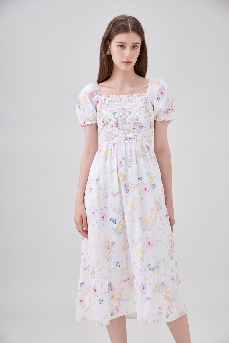 Oakleigh Smocked Ruffled Floral Midi Dress In Watercolour Floral