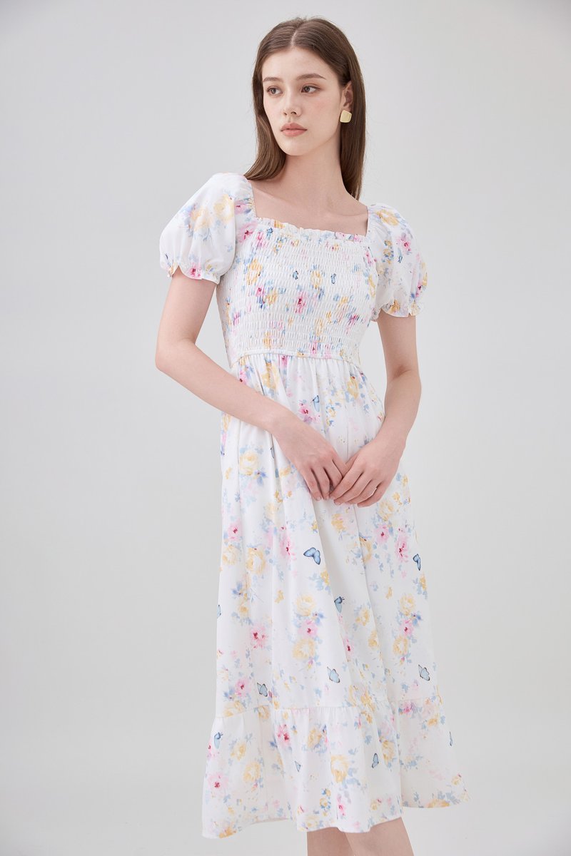 Oakleigh Smocked Ruffled Floral Midi Dress In Watercolour Floral
