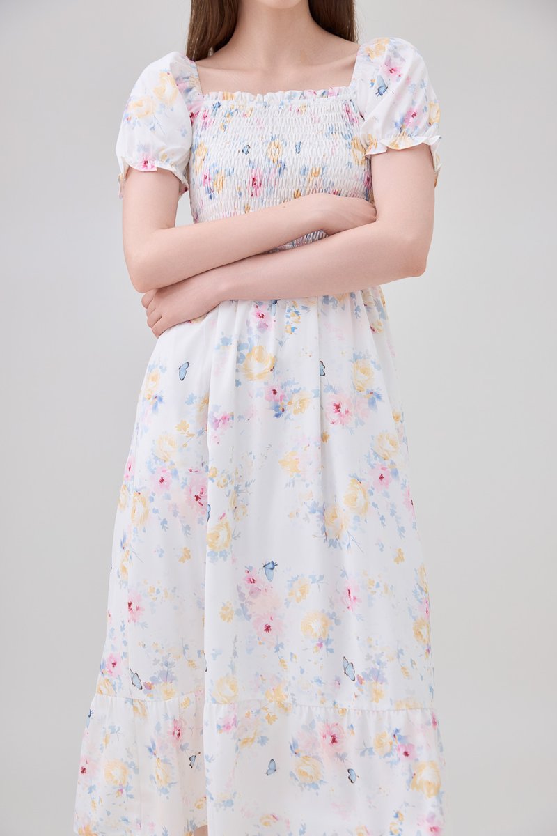 Oakleigh Smocked Ruffled Floral Midi Dress In Watercolour Floral