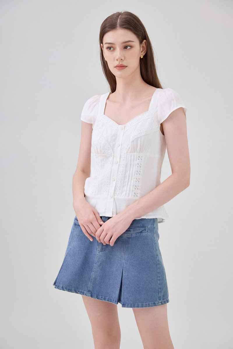 Thalia Lace Pintuck Button Top In White