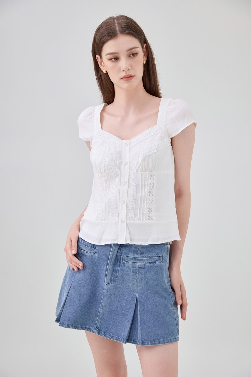Thalia Lace Pintuck Button Top In White