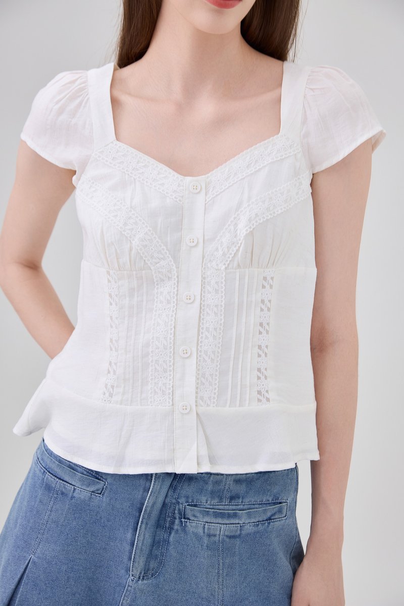 Thalia Lace Pintuck Button Top In White