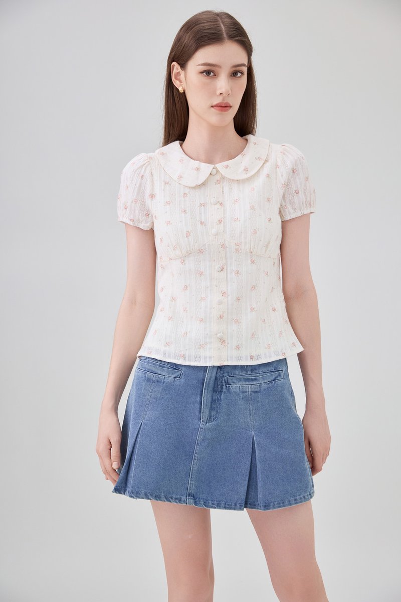 Ensley Pointelle Fleur Peter Pan Top In Cream