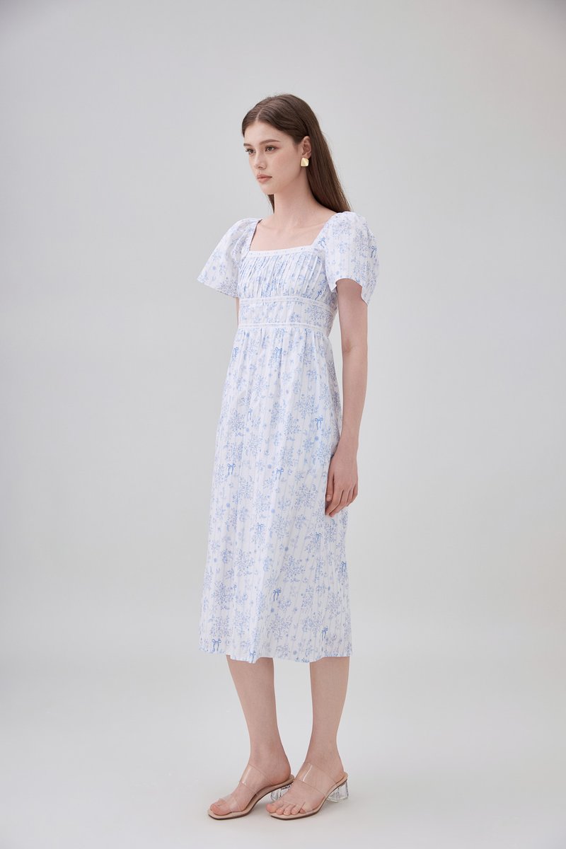 Bristol Floral Ribbon Midi Dress In Blue